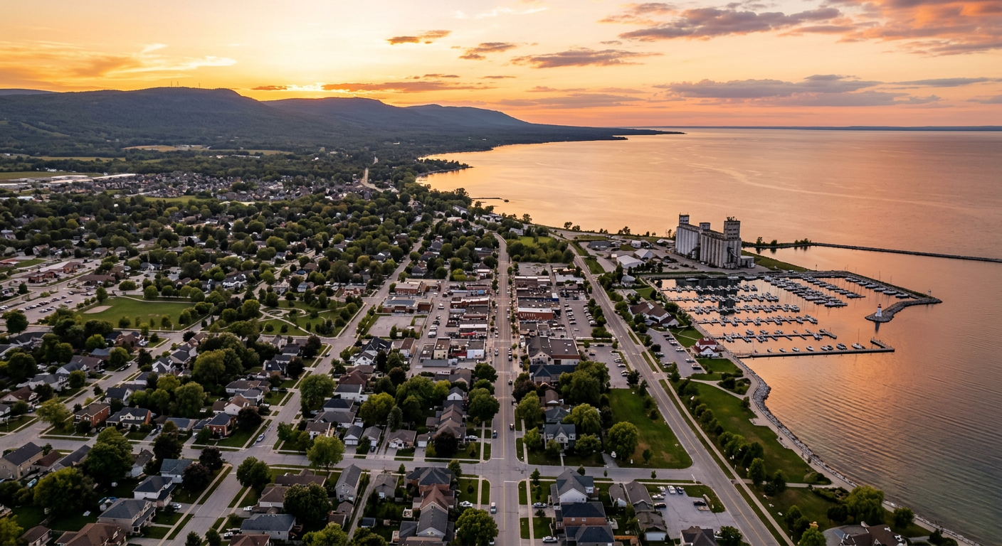 Aerial view of Collingwood and Georgian Bay at golden hour