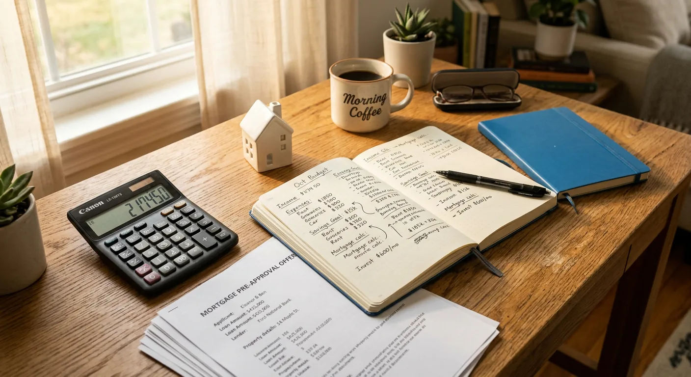 Budget planning desk with calculator and documents