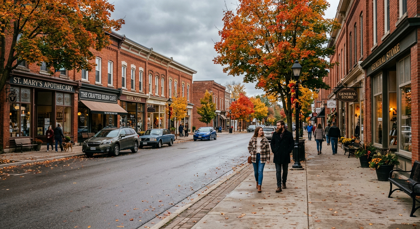 Main street neighbourhood scene in Collingwood during fall