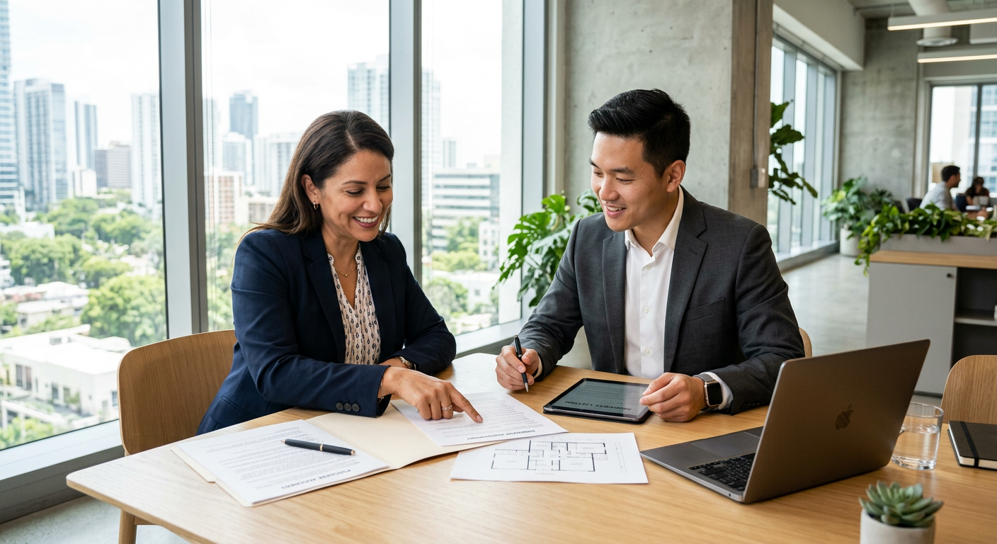 Buyer and advisor reviewing home buying documents