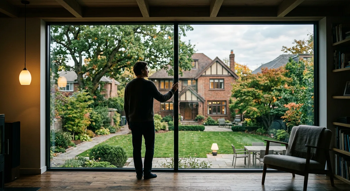 Person reflecting at a window while deciding on a home purchase