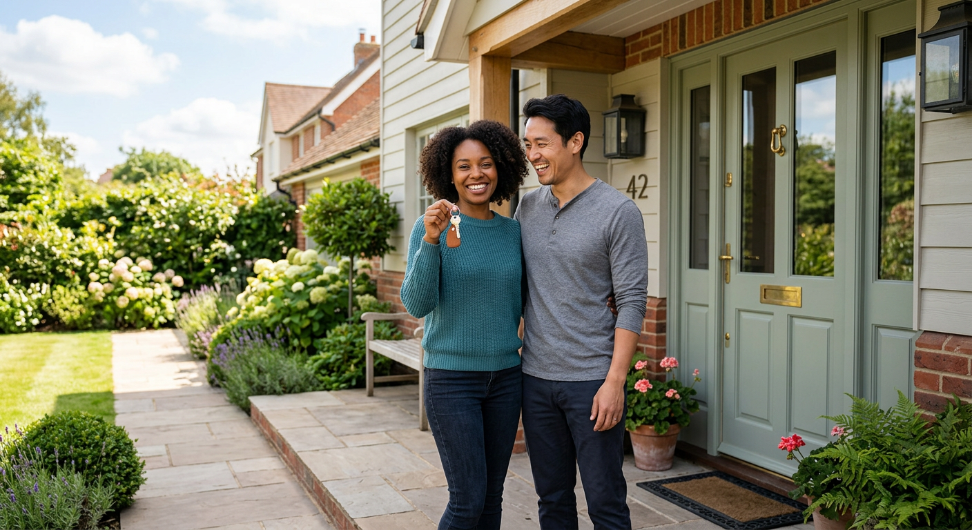 Couple at the front door of a new home with keys in hand