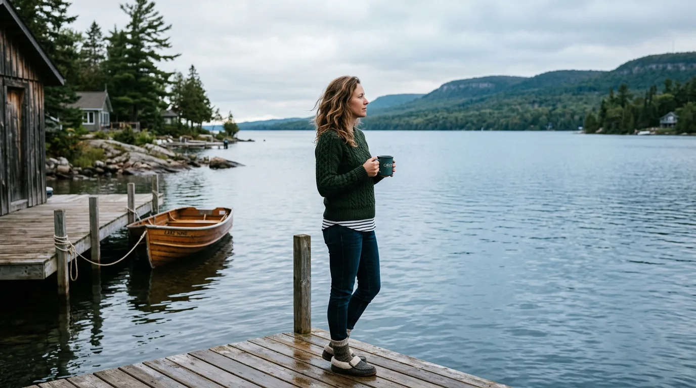 Thoughtful buyer weighing decision in peaceful natural setting near Georgian Bay
