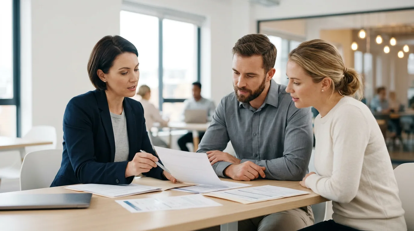 Mortgage advisor reviewing financing documents with buyers