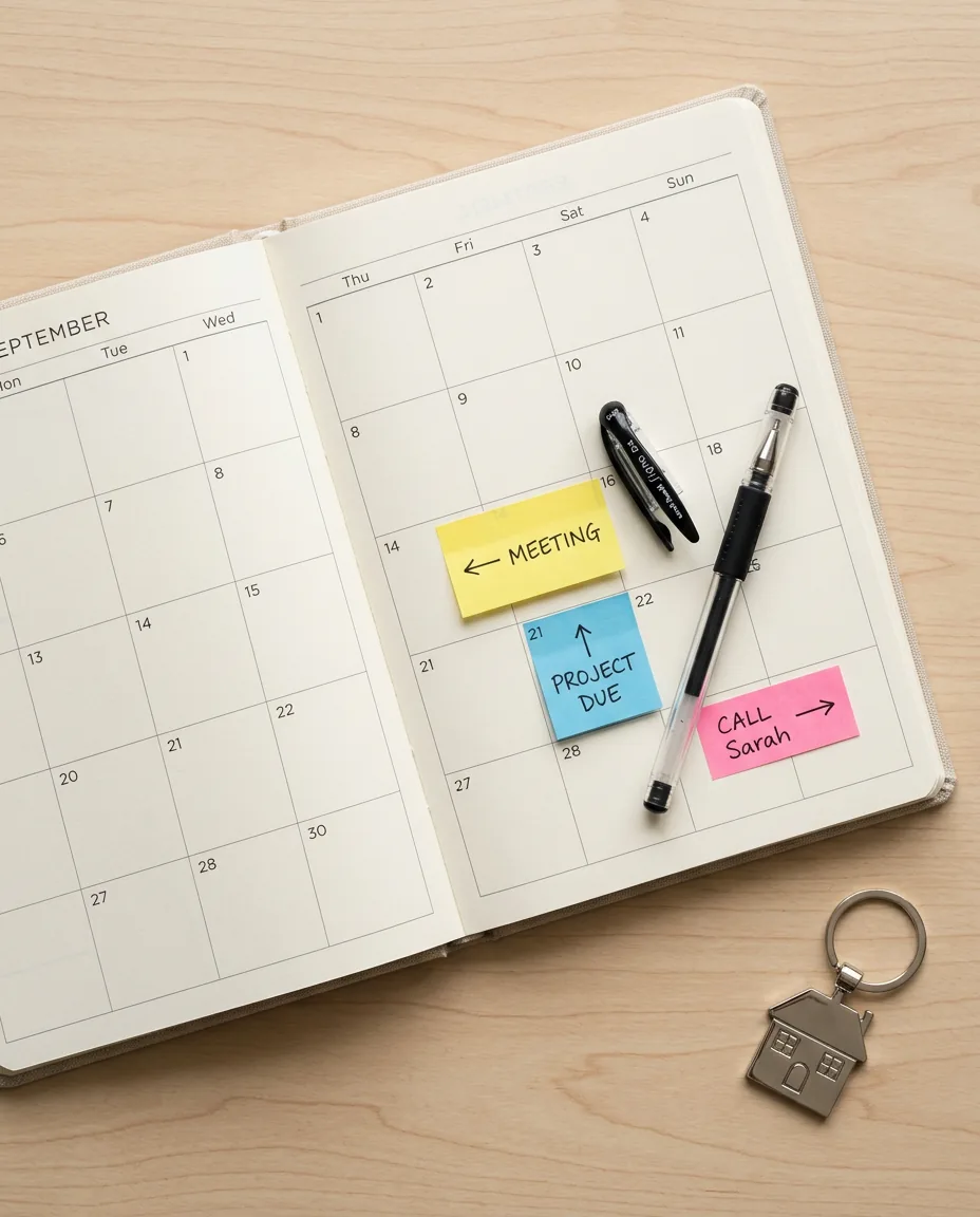 Timeline planner flatlay for home buying process