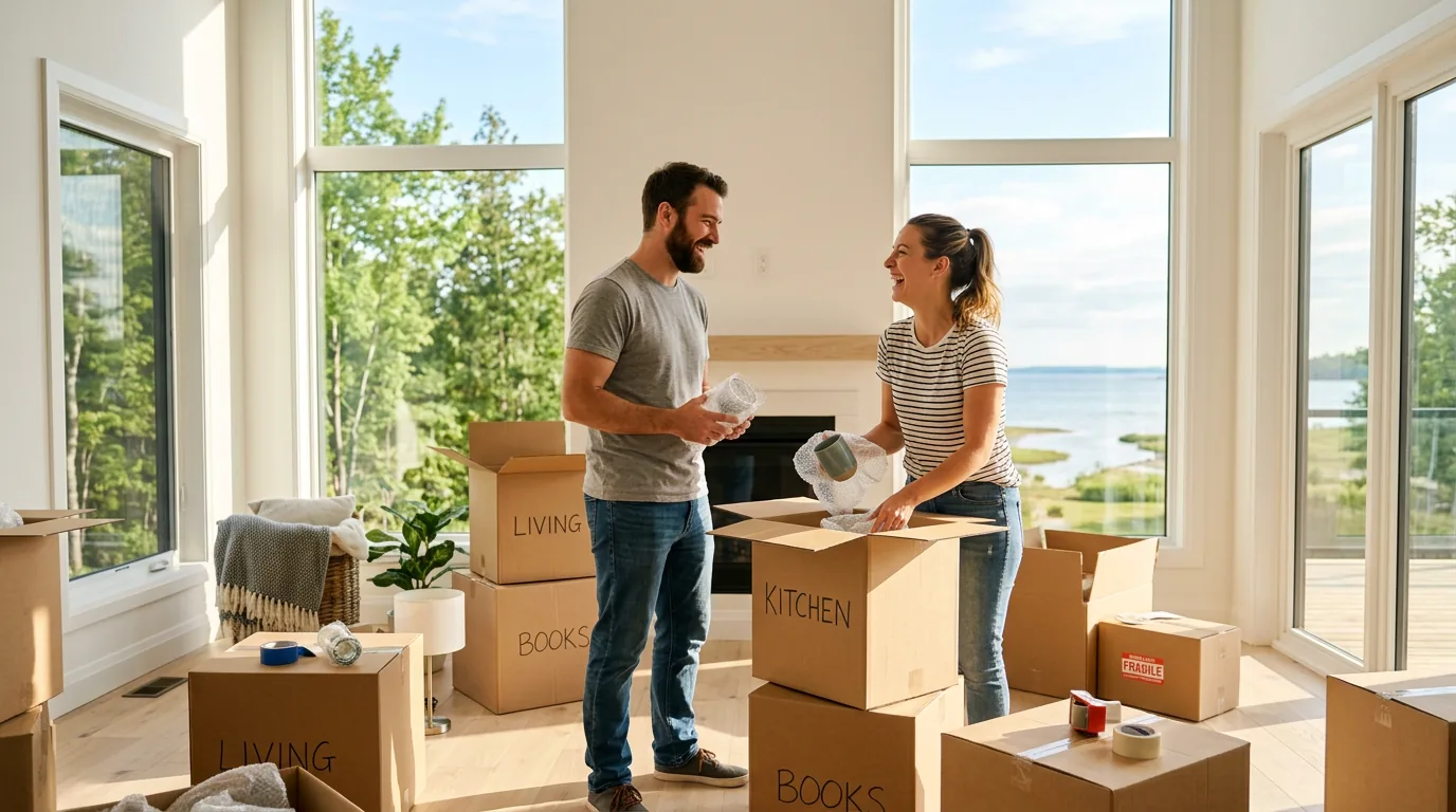 Couple unpacking boxes in new Collingwood home